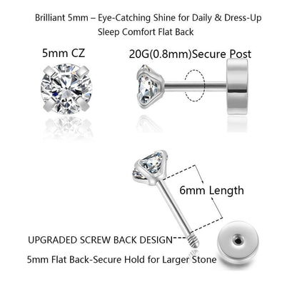 Renkovte Dainty Flat Back Screw Back CZ Stud Earrings | Hypoallergenic 316L Stainless Steel | 5A CZ Sparkle | Secure Screw-On Design | Perfect for Cartilage & Sensitive Ears (Silver Color)