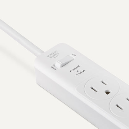 Amazon Basics Surge Protector Power Strip, 6-Outlet with 200J Protection, Circuit Breaker, LED Indicator, On/Off Switch, Wall-Mounting, 2ft Extension Cord, White, 2-Pack