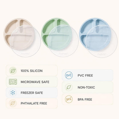 PandaEar 3 Pack Toddler Plates, Silicone Divided Suction Plate for Babies, BPA-Free 100% Food-Grade Silicone Unbreakable Baby Plate (Pink/Purple/Blue, Without Lids)