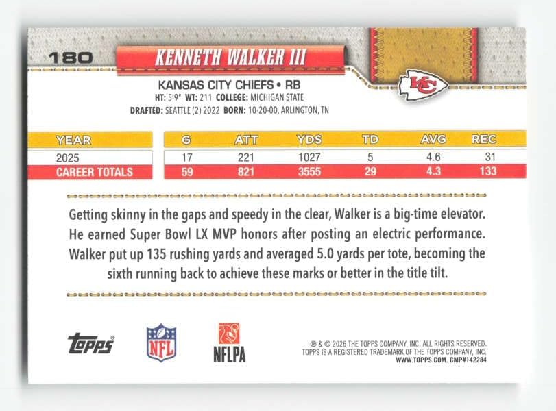 2026 TOPPS #180 KENNETH WALKER III KANSAS CITY CHIEFS NFL