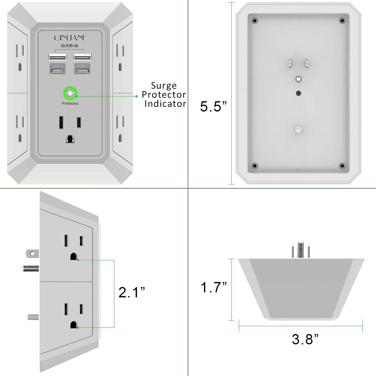 Surge Protector, QINLIANF 5 Outlet Extender with 4 USB Ports(2USB-C)
