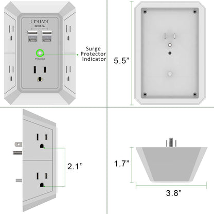 Surge Protector, QINLIANF 5 Outlet Extender with 4 USB Ports(2USB-C)