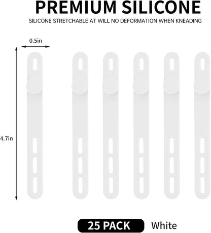 25 Pcs Silicone Cable Ties, Cable Ties Reusable, High Elasticity Cord Wraps for Electrical Cords, Cord Organizer for Earphone, Phone Charger(White)