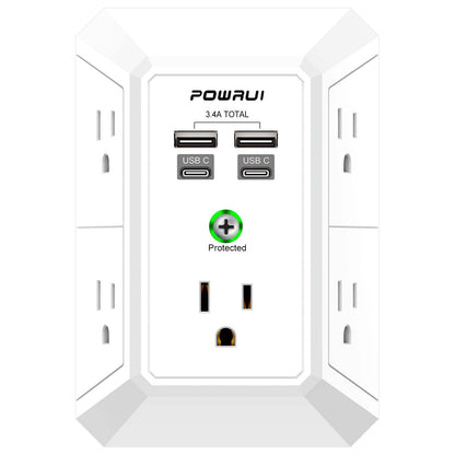 Multi Plug Wall Outlet Night Light, POWRUI 6 Outlet Extender & 3 USB Ports
