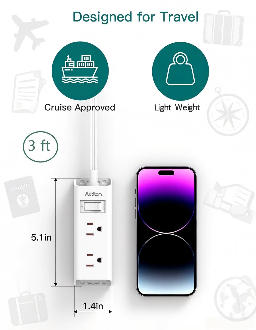 Addtam Flat Plug Extension Cord with 6 Outlet Extender for Cruise Travel