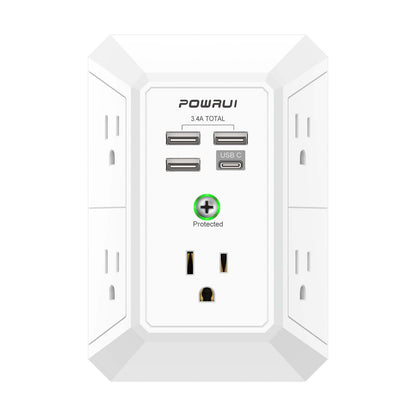 Multi Plug Wall Outlet Night Light, POWRUI 6 Outlet Extender & 3 USB Ports