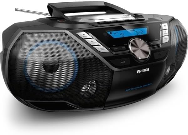 Philips CD Player Portable with Bluetooth, Crystal Clear Sound Top Loading CD Boombox with FM Radio, USB Port & Aux Input, Compact & Lightweight Design,R/CD-RW/MP3 Compatible (Black)