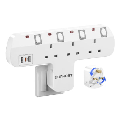 Plug Extension Socket, 4 Way Plug Adapter with 180 Degree Rotating UK Plug, 13A Fused Multi Plug Adaptor with 4 Independent Switches, Wall Socket Extension for Home Office Kitchen