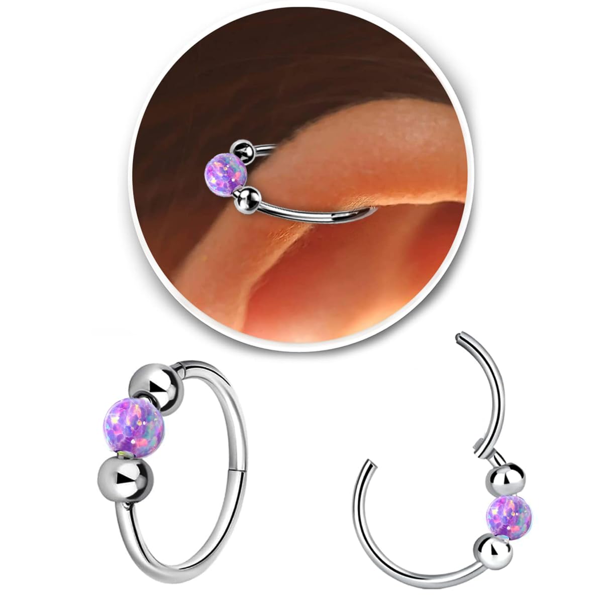 2PCS 18G Opal Cartilage Hoop Earrings, Hypoallergenic Silver Huggie Hoops