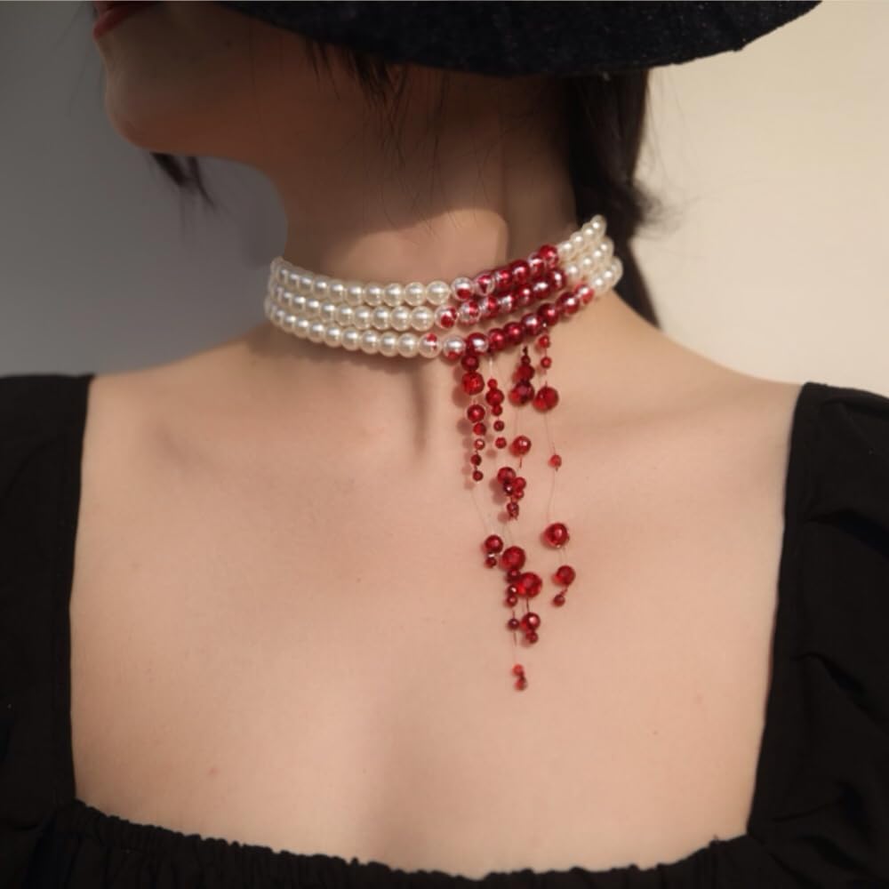 Dripping Blood Choker Imitation Pearls Necklace Vampire Party Accessory Marie Antoinette Costume
