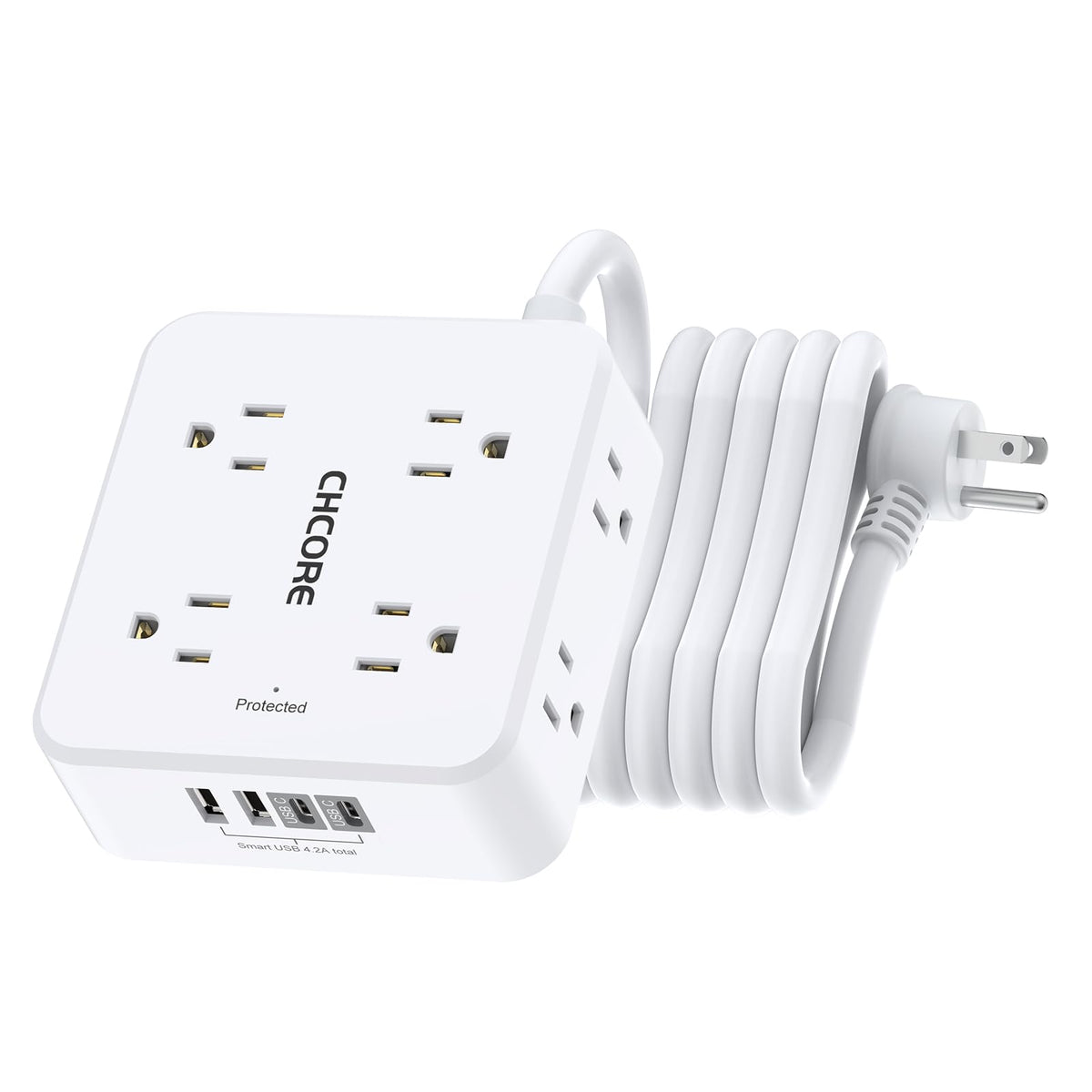 Surge Protector Power Strip - CHCORE 5Ft Braided Extension Cord with 8 Outlets with 4 USB (2 USB C) Charging Ports, Flat Plug Multi Plug Outlet Extender Charging Station for Home Office, ETL, White