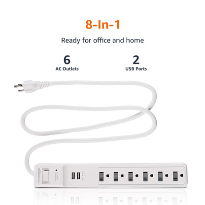 Amazon Basics Surge Protector Power Strip, 6-Outlet, 790 Joules, 6ft Extension Cord, Safety Shutters, White