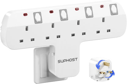 Plug Extension Socket, 4 Way Plug Adapter with 180 Degree Rotating UK Plug, 13A Fused Multi Plug Adaptor with 4 Independent Switches, Wall Socket Extension for Home Office Kitchen