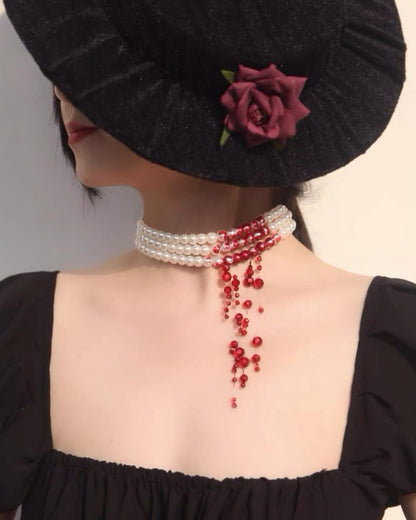 Dripping Blood Choker Imitation Pearls Necklace Vampire Party Accessory Marie Antoinette Costume