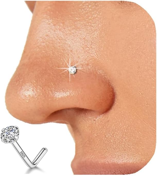 925 Sterling Silver Nose Ring Stud for Women, 18G/20G/22G/24G, L Shaped