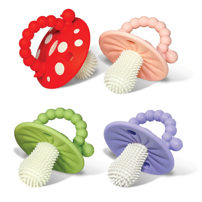 RaZbaby Soft Silicone Infant & Baby 3M+ Teether Toy Massaging Bristles Teething Relief Pacifier - Soothes Sore Gums - Hands-Free & Easy-to-Hold Chompy Teether, BPA Free (RED/Blue)