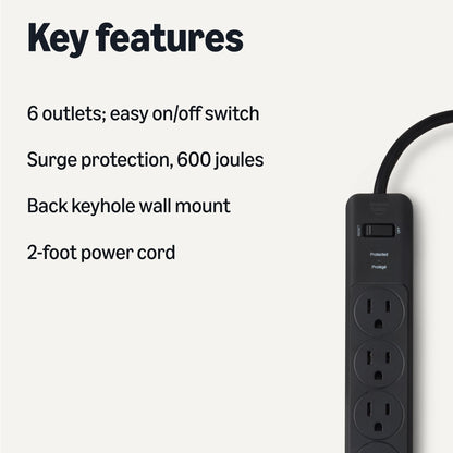 Amazon Basics Surge Protector Power Strip, 6-Outlet with 200J Protection, Circuit Breaker, LED Indicator, On/Off Switch, Wall-Mounting, 2ft Extension Cord, White, 2-Pack