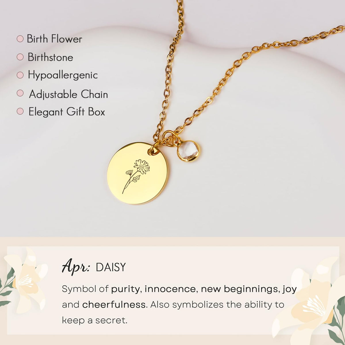 Birth Flower Necklaces for Women, 18K Gold Plated Birthstone Necklaces