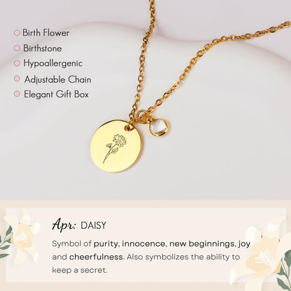 Birth Flower Necklaces for Women, 18K Gold Plated Birthstone Necklaces