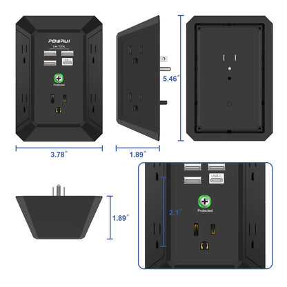 Multi Plug Wall Outlet Night Light, POWRUI 6 Outlet Extender & 3 USB Ports