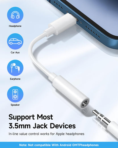 Apple MFi Certified 3 Pack Lightning to 3.5 mm Headphone Jack Adapter for iPhone, iPhone Aux Adapter Converter Dongle Audio Cable Compatible with iPhone 14 13 12 11 X XS 8 7