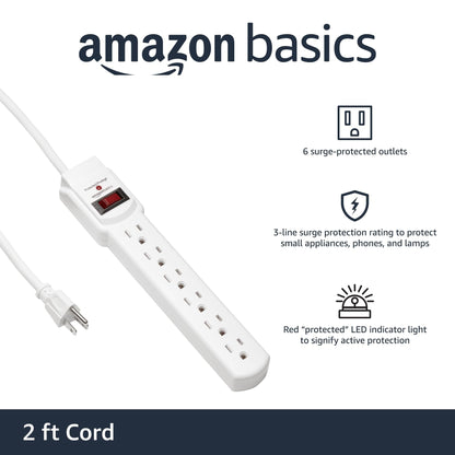 Amazon Basics Surge Protector Power Strip, 6-Outlet with 200J Protection, Circuit Breaker, LED Indicator, On/Off Switch, Wall-Mounting, 2ft Extension Cord, White, 2-Pack