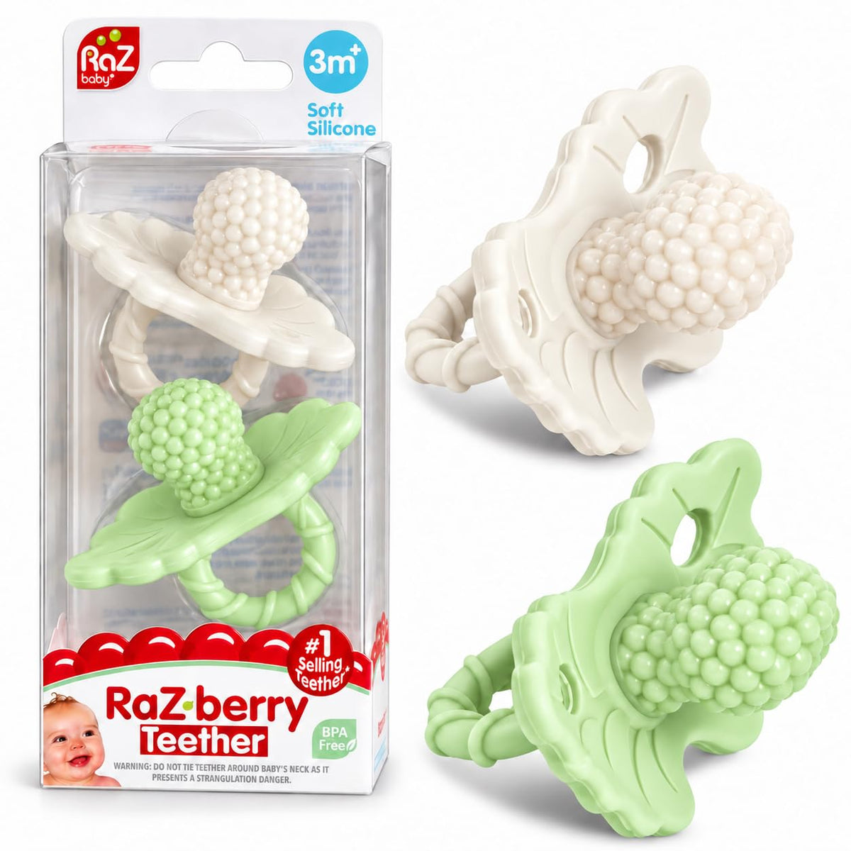 RaZbaby RaZberry Silicone Teether Pacifier – Teething Relief for Infants, Food-Grade, Hands & BPA Free, Natural Berrybumps Fruit Texture for Sensory Development, Freezable, 2-Pack - Lavender & Pink