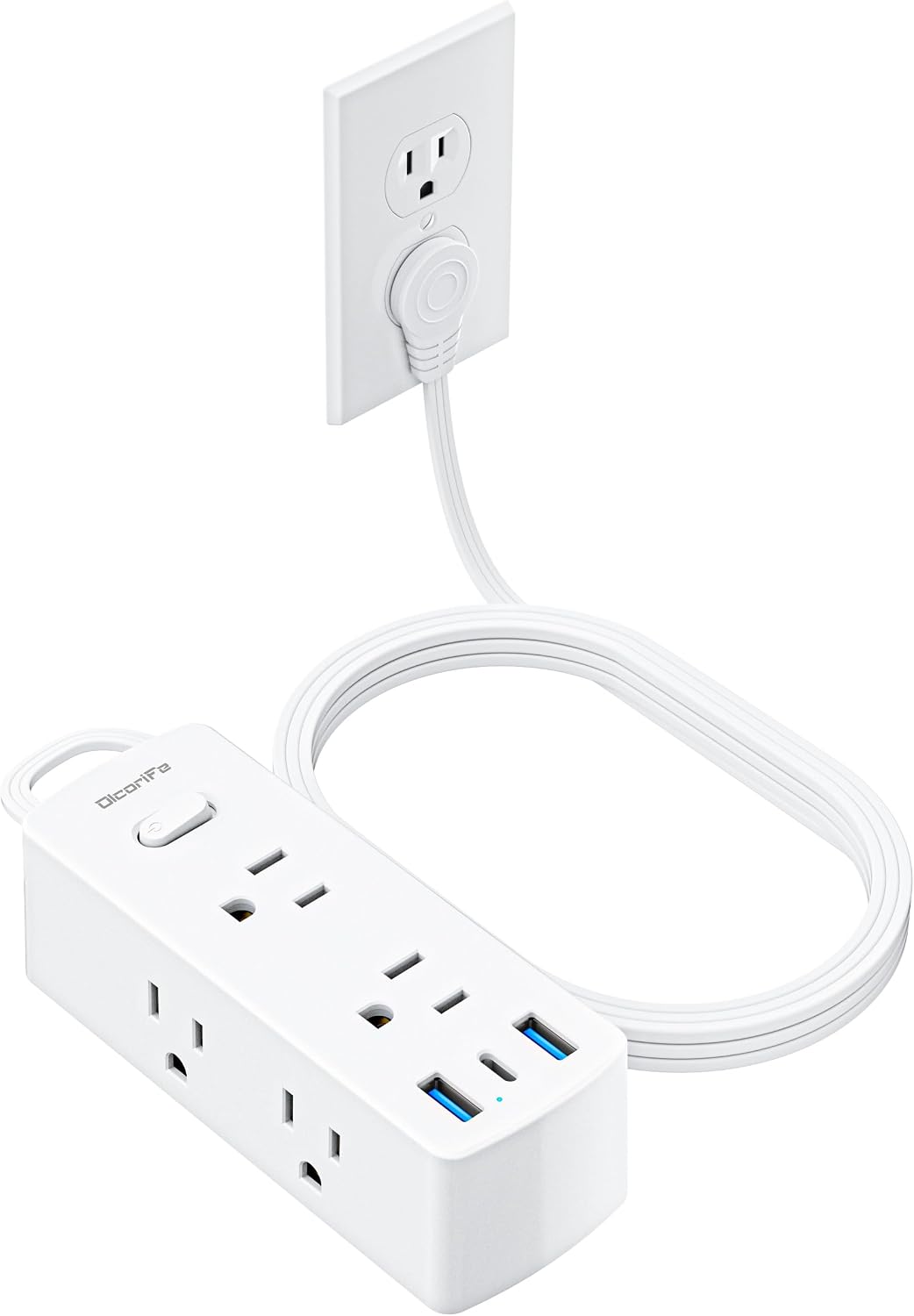 Flat Plug Power Strip with 10 FT Extension Cord, 6 Outlets 3 USB Ports(1 USB C), 3 Sided Outlet Extender for Home Office Travel Dorm Room Essentials, White