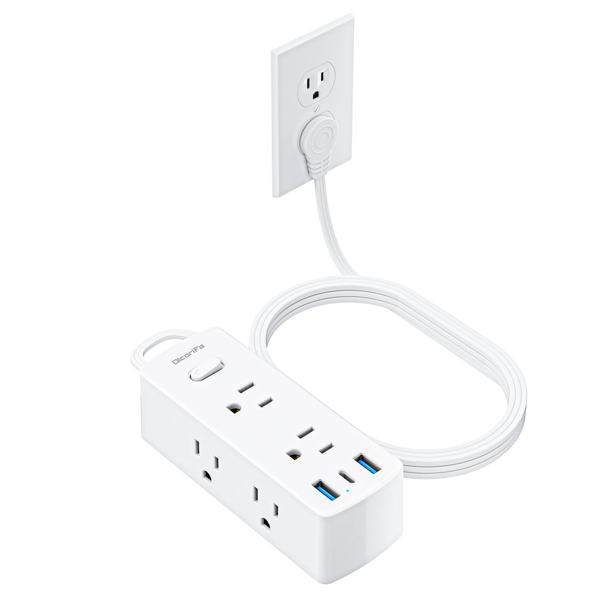 Flat Plug Power Strip with 10 FT Extension Cord, 6 Outlets 3 USB Ports(1 USB C), 3 Sided Outlet Extender for Home Office Travel Dorm Room Essentials, White