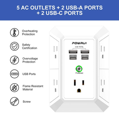 Multi Plug Wall Outlet Night Light, POWRUI 6 Outlet Extender & 3 USB Ports