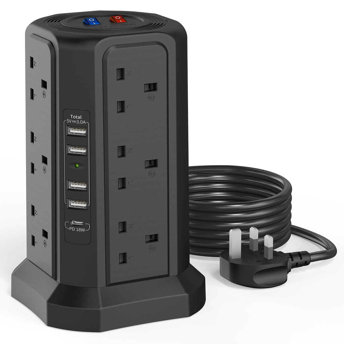 HAFINO Tower Extension Lead with USB Slots, PD18W USB C Fast Charger, 1.8M