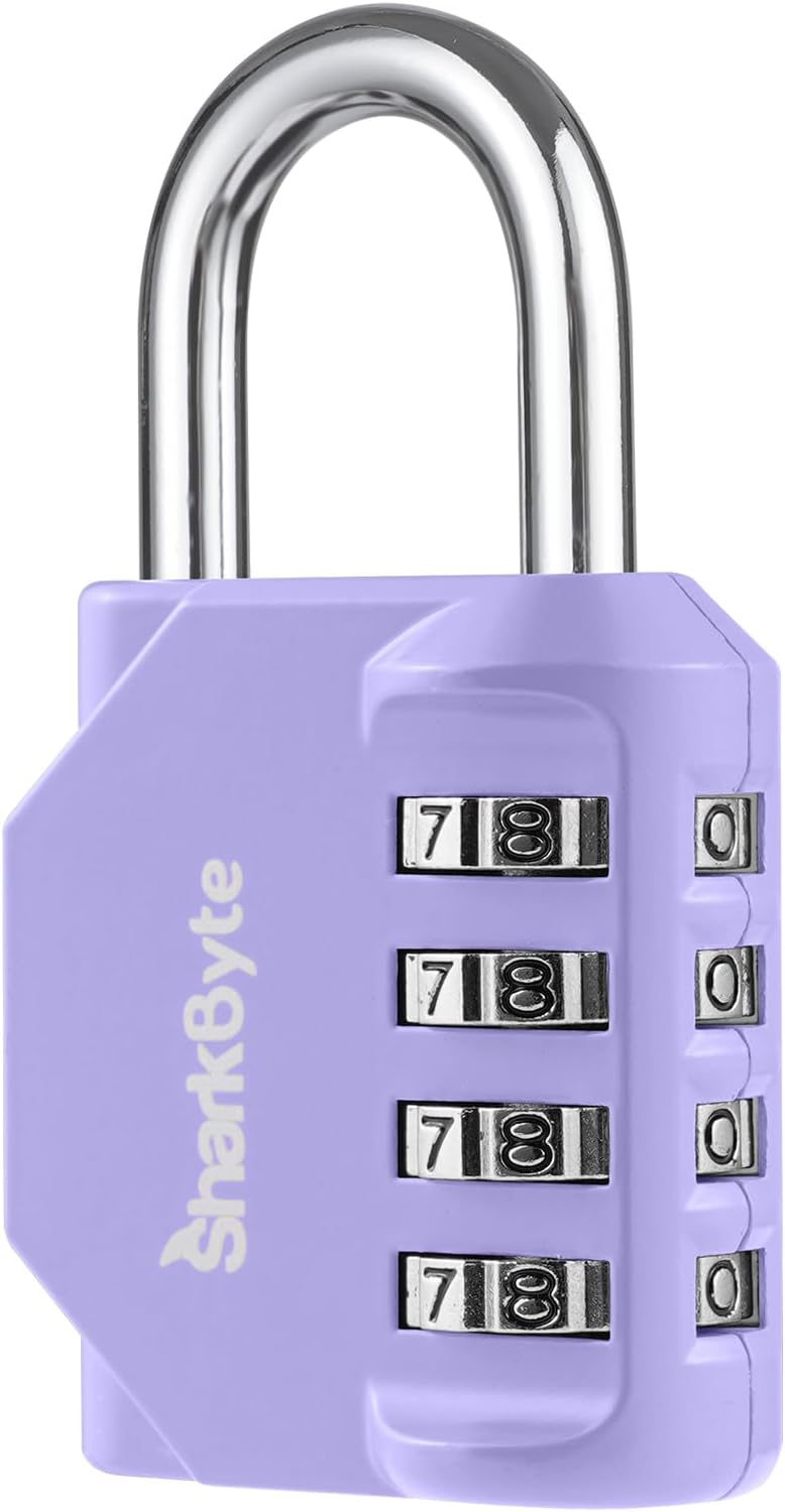 SharkByte Heavy Duty Combination Padlock – 4-Digit Weatherproof Outdoor Lock with Stainless Steel Shackle, Anti-Rust Resettable Code for Gym, School, Locker, Shed, Toolbox, Gate & Warehouse - Purple