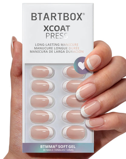 BTArtbox Press On Nails, Short Almond French Tip Nails, 32Pcs Full Kit