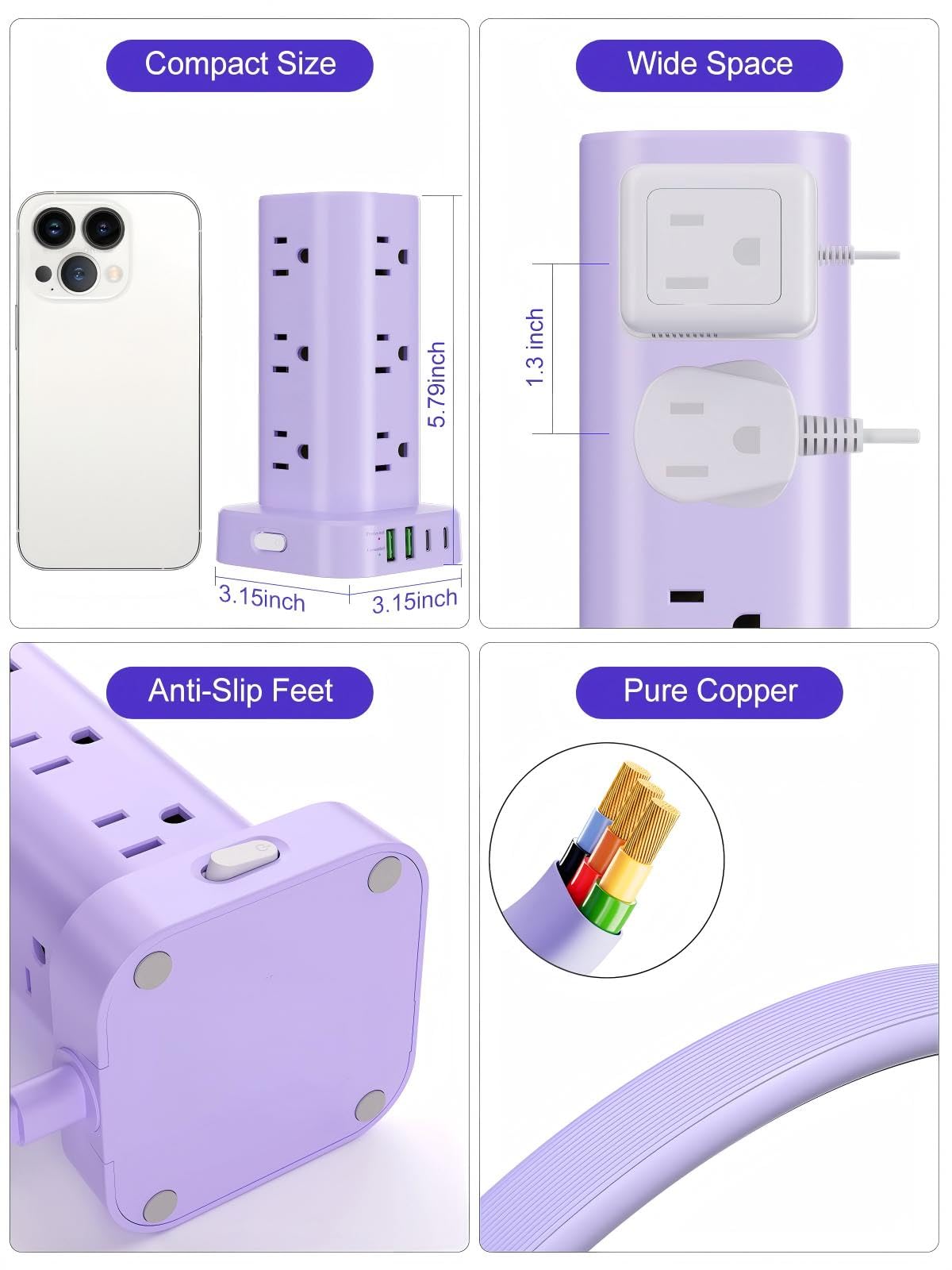6FT Power Strip Tower Surge Protector, 12 Wide Spaced Outlets, 4 USB
