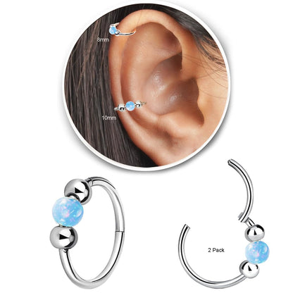 2PCS 18G Opal Cartilage Hoop Earrings, Hypoallergenic Silver Huggie Hoops