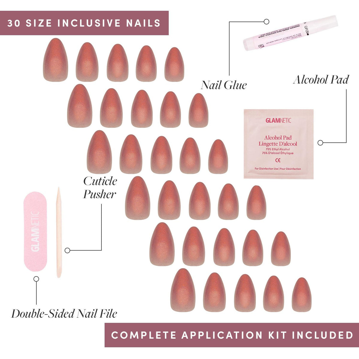 Glamnetic Press On Nails, Short Almond Glossy, Fake Nails 24pc Nail Kit