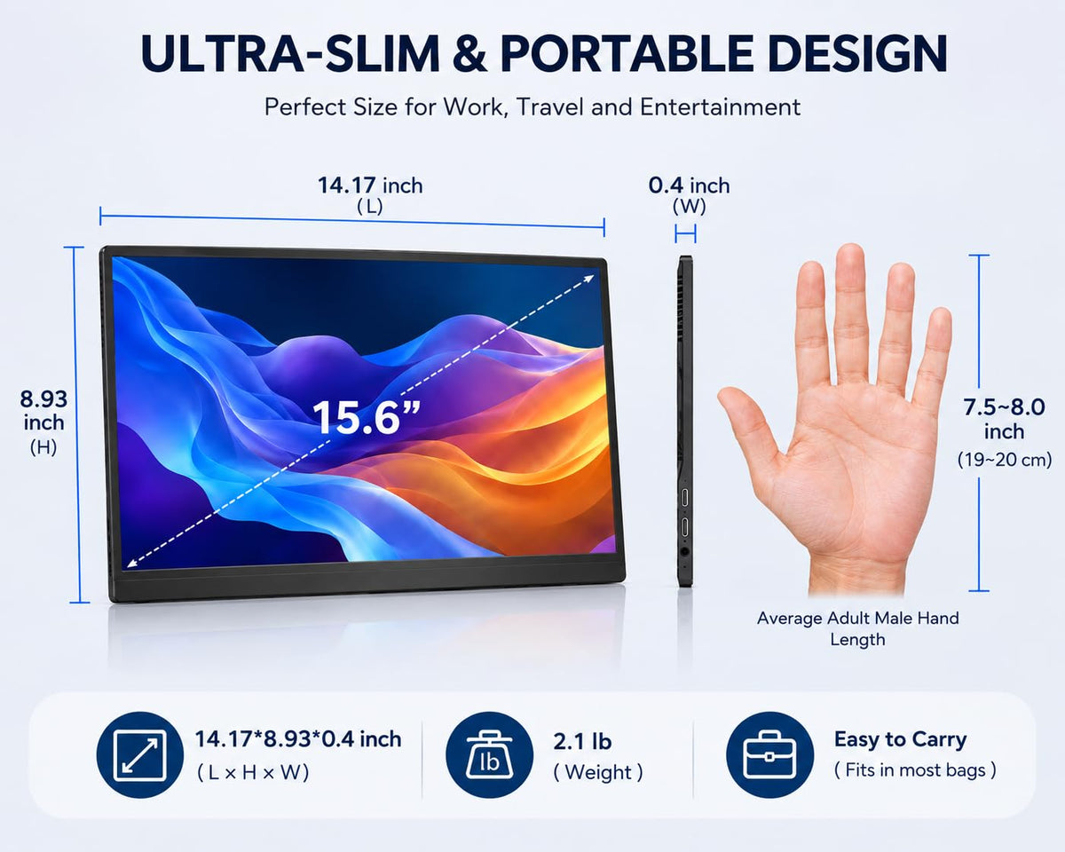 MNN 15.6" 4K Portable Monitor, UHD IPS, USB-C HDMI, with Smart Cover Stand