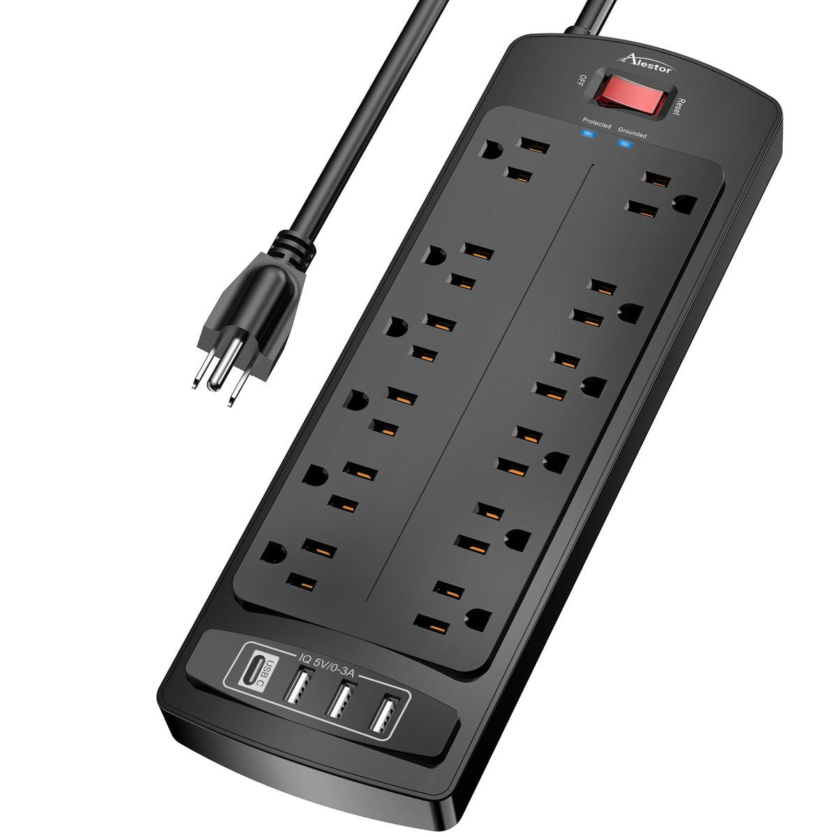 ALESTOR 10 Ft Surge Protector Power Strip with 12 Outlets and 4 USB Ports