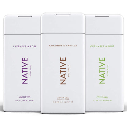 Native Body Wash 3 Pack - Natural Body Wash Women & Men - SLS & Paraben Free - Cucumber & Mint, Coconut & Vanilla, Lavender & Rose