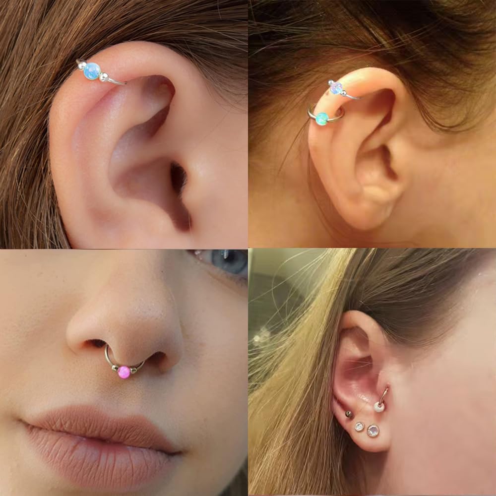 2PCS 18G Opal Cartilage Hoop Earrings, Hypoallergenic Silver Huggie Hoops