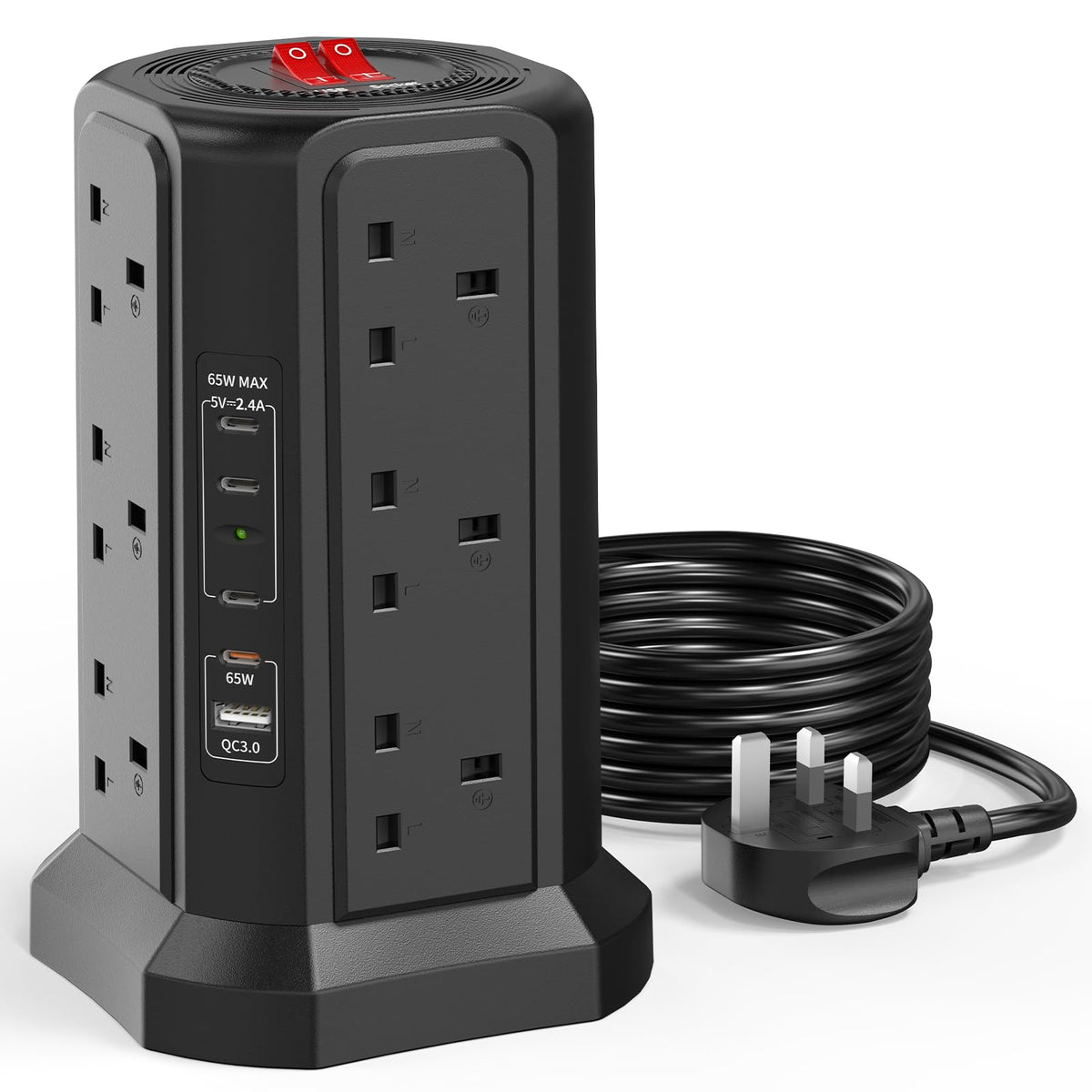 HAFINO Tower Extension Lead with USB Slots, PD18W USB C Fast Charger, 1.8M