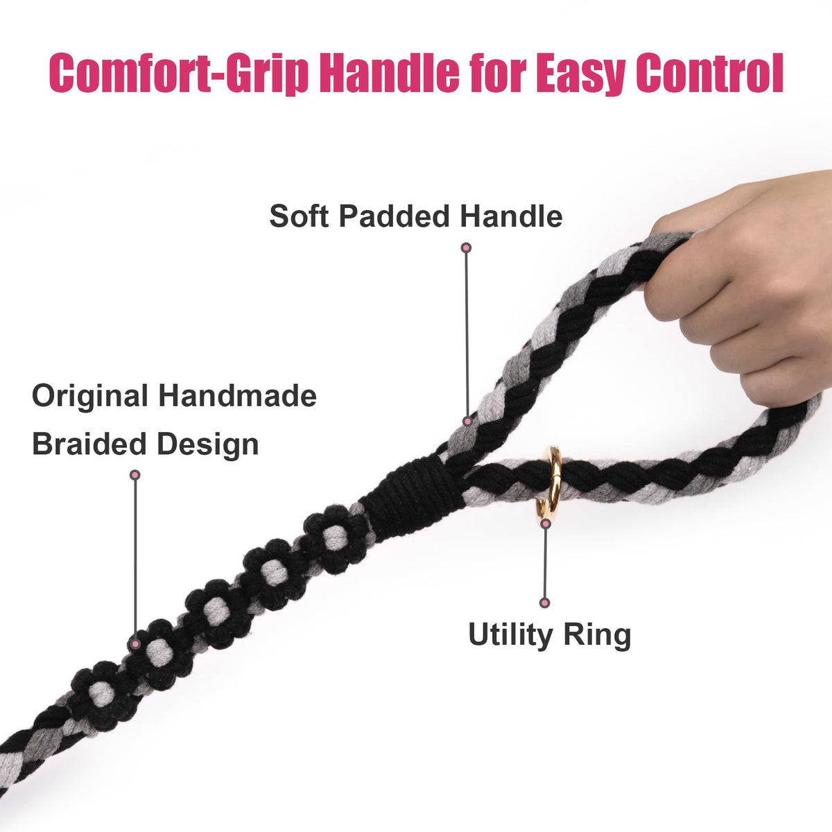 5FT Braided Cotton Rope Leash for Small, Medium and Large Dogs, Red & White Twist