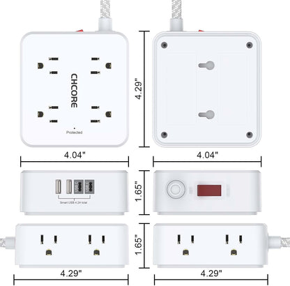 Surge Protector Power Strip - CHCORE 5Ft Braided Extension Cord with 8 Outlets with 4 USB (2 USB C) Charging Ports, Flat Plug Multi Plug Outlet Extender Charging Station for Home Office, ETL, White