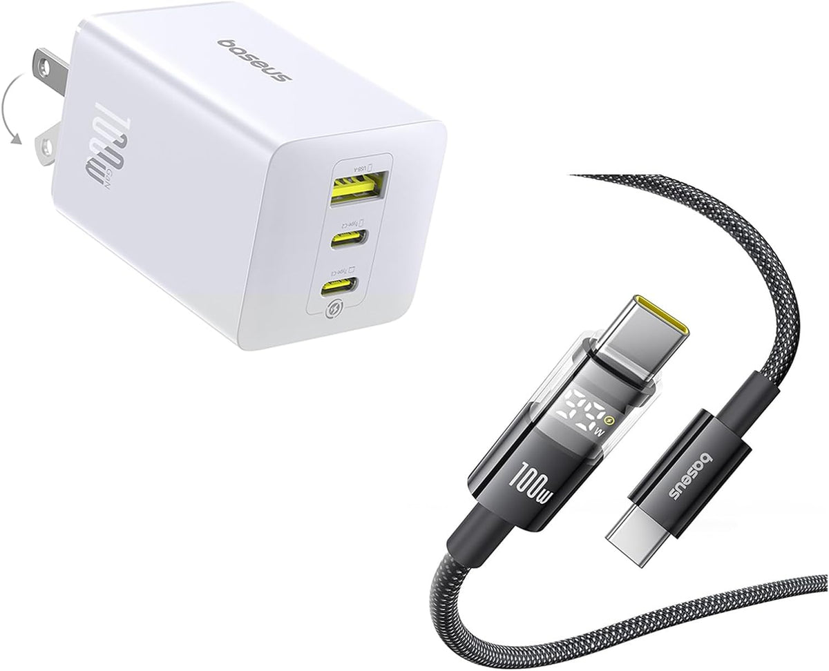 Baseus 100W USB C Charger White and Baseus 100W USB C Cable with LED Display