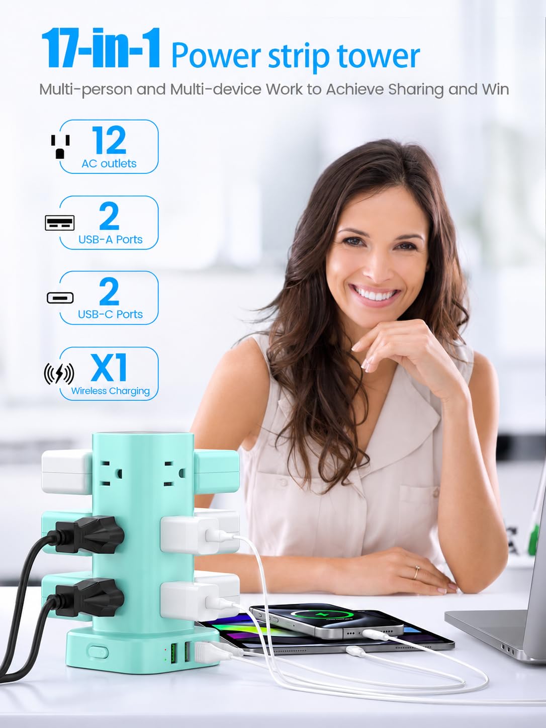 6FT Power Strip Tower Surge Protector, 12 Wide Spaced Outlets, 4 USB