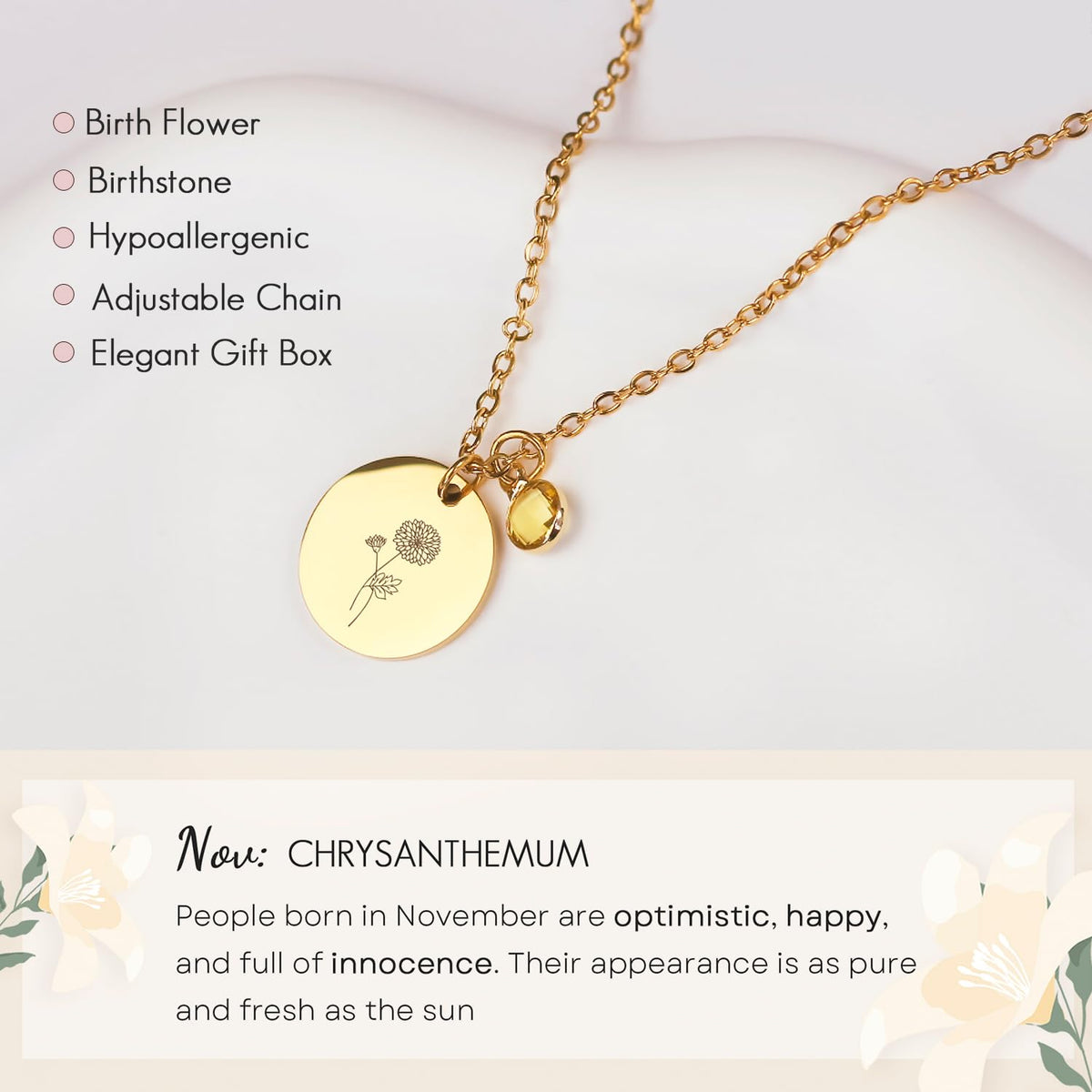 Birth Flower Necklaces for Women, 18K Gold Plated Birthstone Necklaces