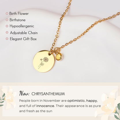 Birth Flower Necklaces for Women, 18K Gold Plated Birthstone Necklaces