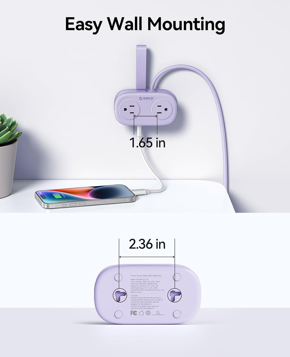 ORICO Purple Cruise Approved Travel Power Strip with 4FT Extension Cord
