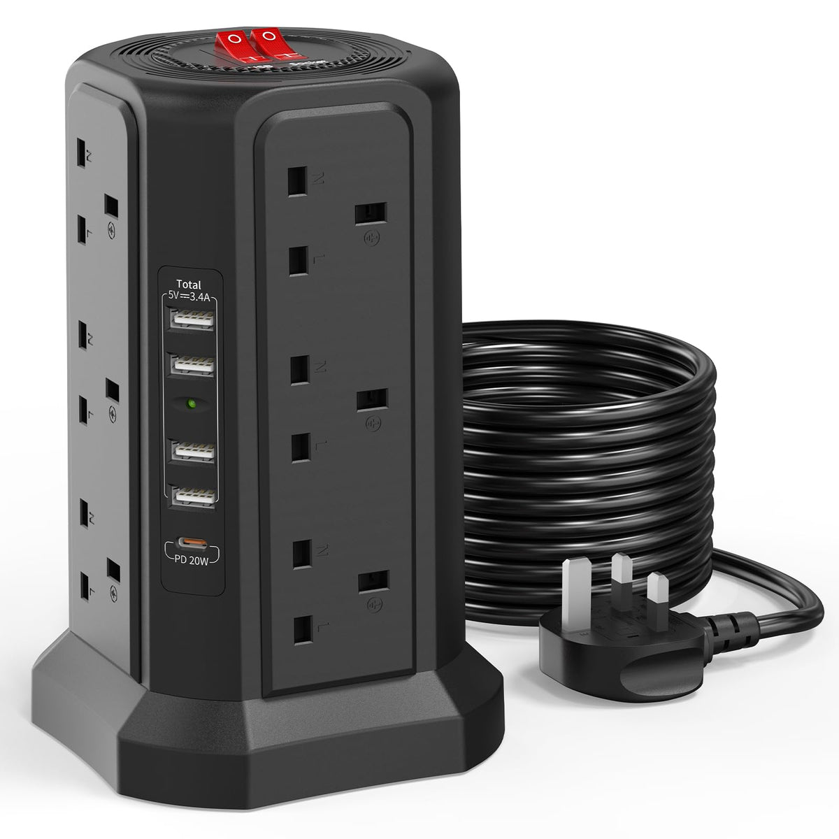 HAFINO Tower Extension Lead with USB Slots, PD18W USB C Fast Charger, 1.8M
