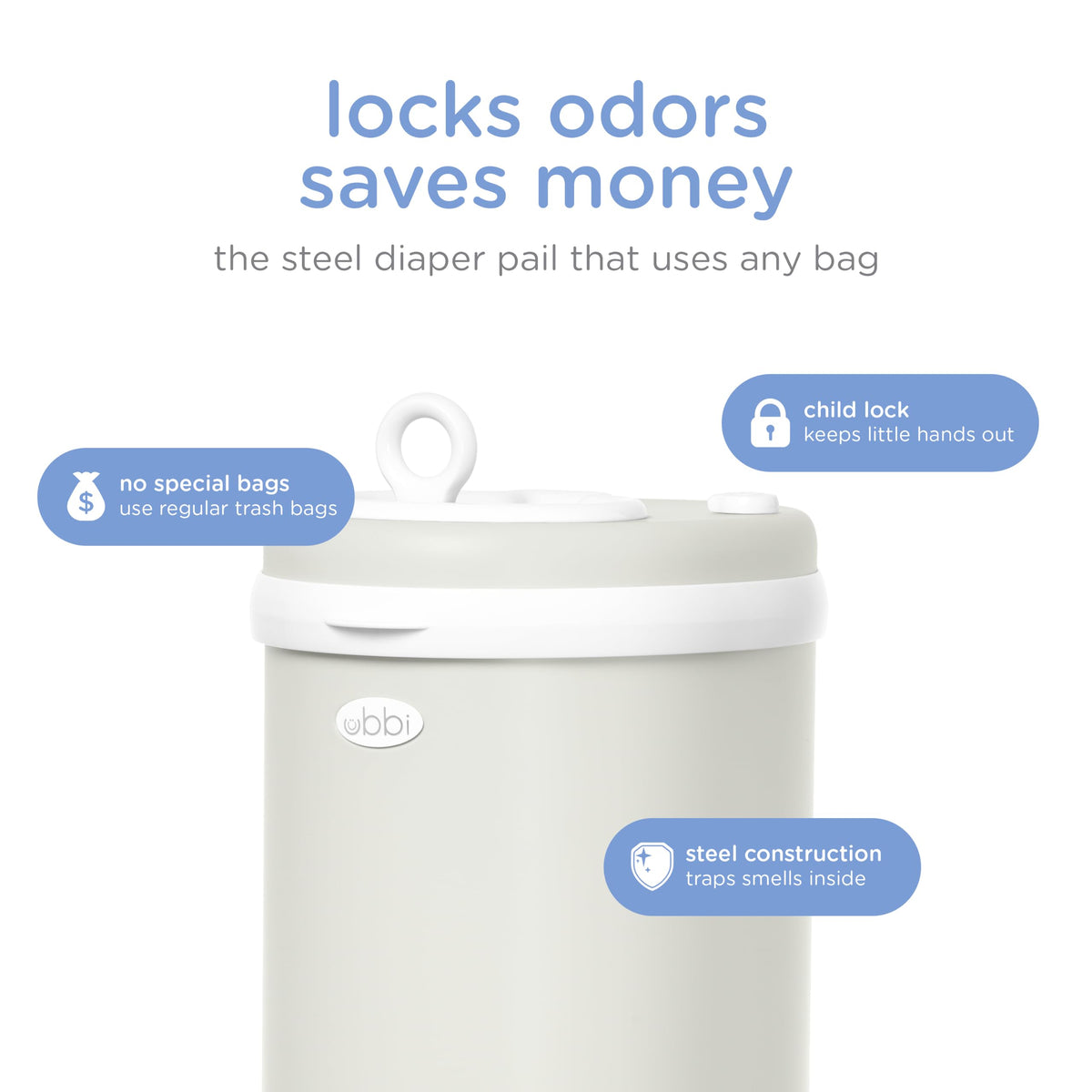 Ubbi Stainless Steel Diaper Pail, No Special Bags, Odor-Locking, White